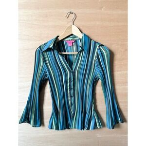 Y2K Sunny Leigh Striped Bell Sleeve Button Up Shirt Women's Blue Green